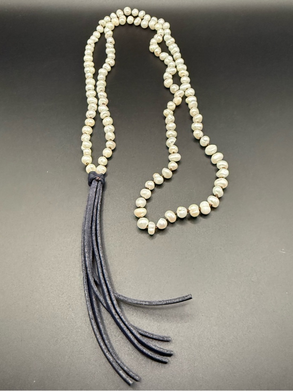 Pearl Bead Tassel Necklace - White Pearls with Black Leather Tassel